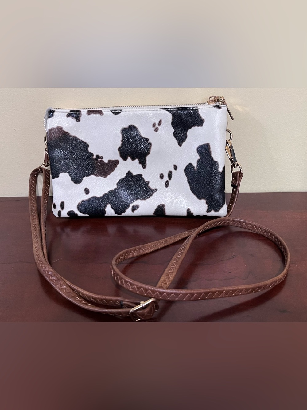 Cow Print Crossbody Wristlet Bag with Removable Brown Strap - Black & White